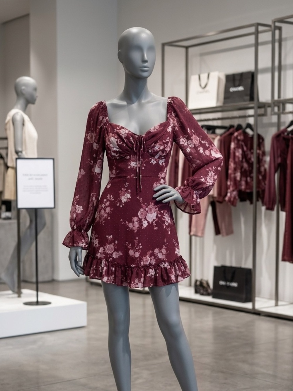 B Darlin Burgundy Floral Long-Sleeve Mini Dress